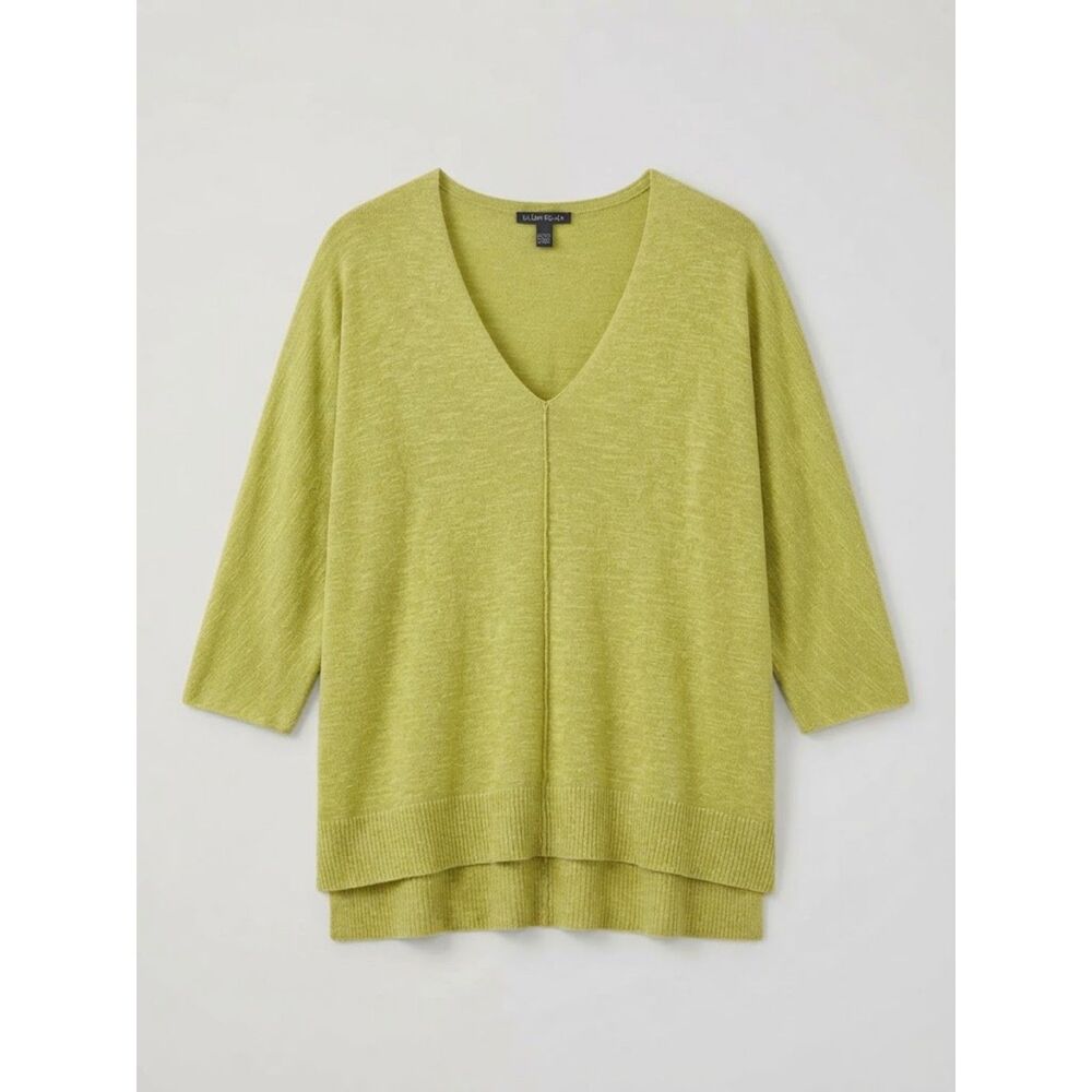 Eileen Fisher Organic Linen Cotton V-Neck Sweater Green Medium